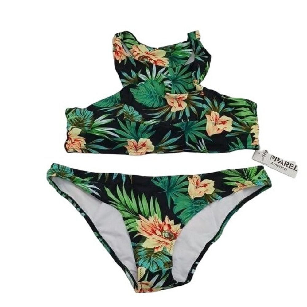 Apparel America Bikini Tropical Floral Green Black Beach Summer 2 Piece 2XL